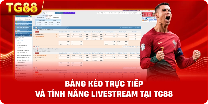 Hình ảnh minh họa bảng kèo trực tiếp và tính năng livestream tại TG88